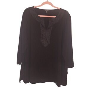 Lauren Ralph Lauren Womens 3X Black Cotton Knit Tunic Top Satin Trim Split Neck